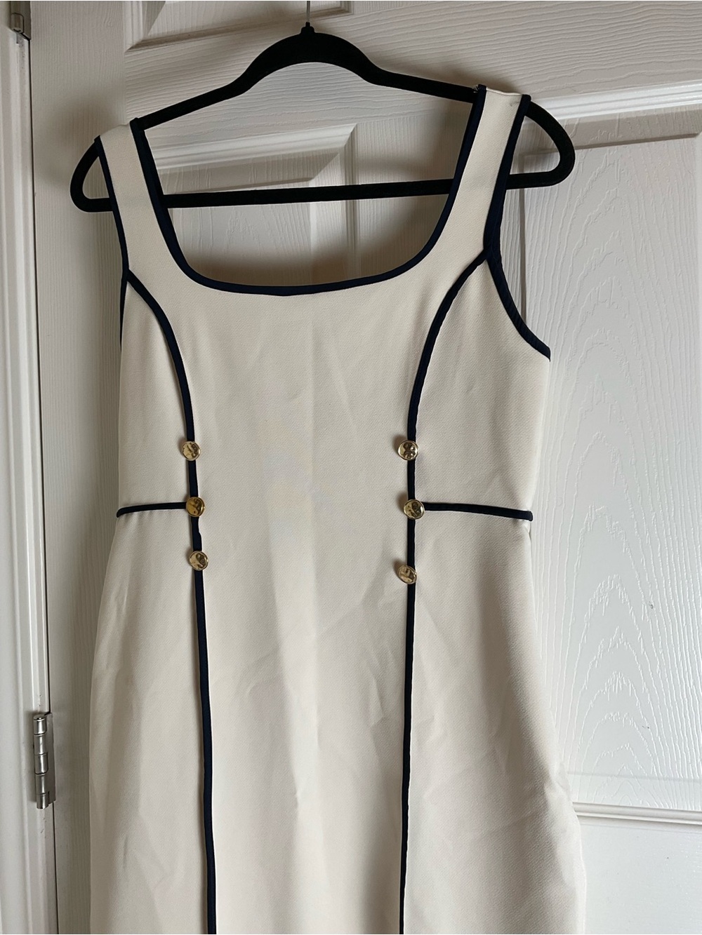 Zara Navy Blue & Cream Contrast Trim Midi Dress Size L - Picture 6 of 12